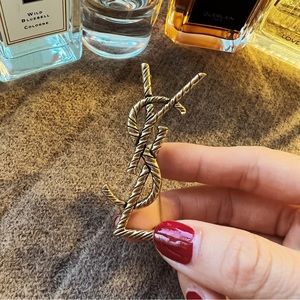 Yves Saint Laurent Antiqued Gold Finish Logo Brooch